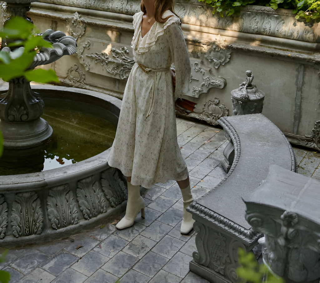 A woman wearing a vintage-style floral ruffle midi dress with white boots, standing near an ornate fountain in a garden setting.