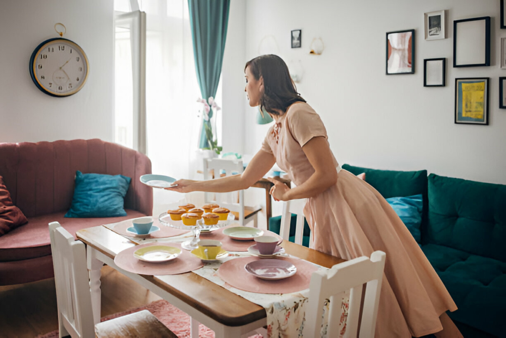 A woman wearing a pastel jumpsuit with ruffled sleeves and a belted waist, standing in a modern apartment, tea party setting.
