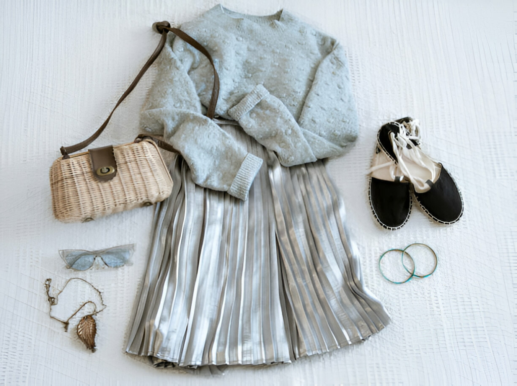 Flat lay of a pleated skirt paired with a pastel sweater, teacup, and vintage accessories for a cozy tea party look.