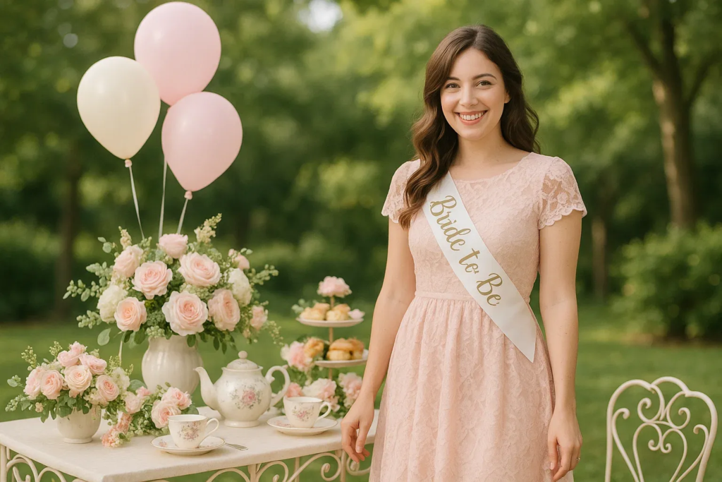 Bride-to-be in a pastel lace dress smiling at a bridal tea party with floral decorations.