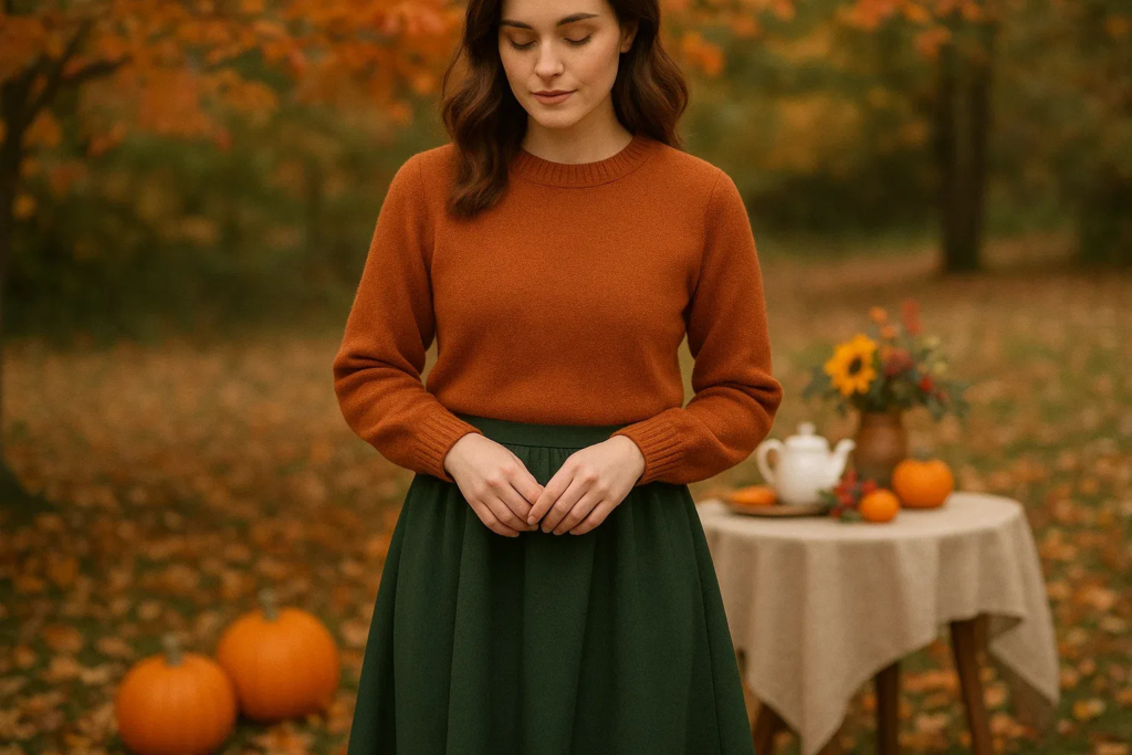 Woman in a fall-colored outfit enjoying a tea party outdoors with autumn leaves and warm drinks.