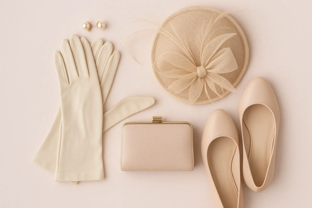 Tea party accessories including a wide-brim hat, pearl necklace, gloves, and stylish shoes