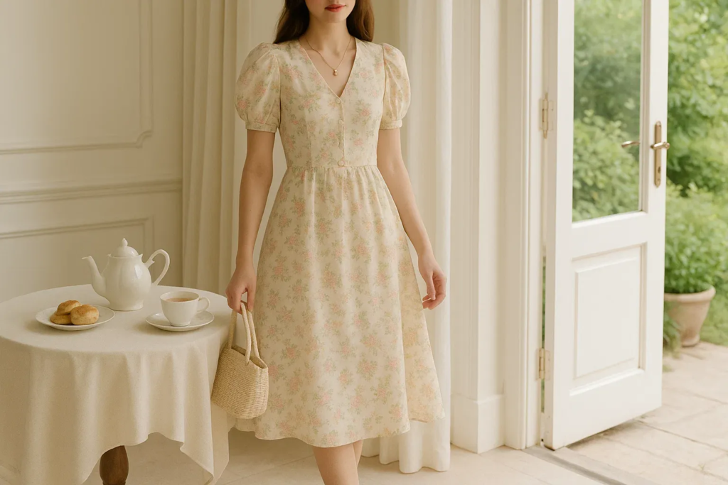 Pastel floral tea dress displayed with accessories, showing a classic tea party dress code style.