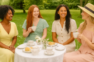 Women enjoying a garden tea party in pastel spring dresses, seated around a decorated outdoor table.