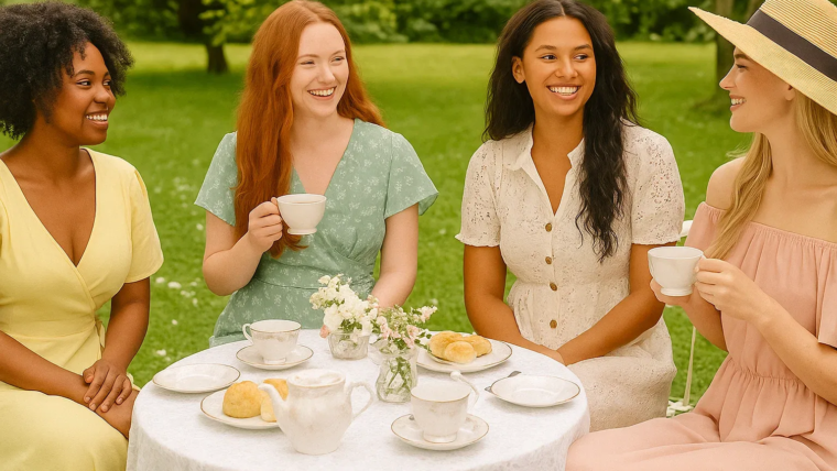 Women enjoying a garden tea party in pastel spring dresses, seated around a decorated outdoor table.