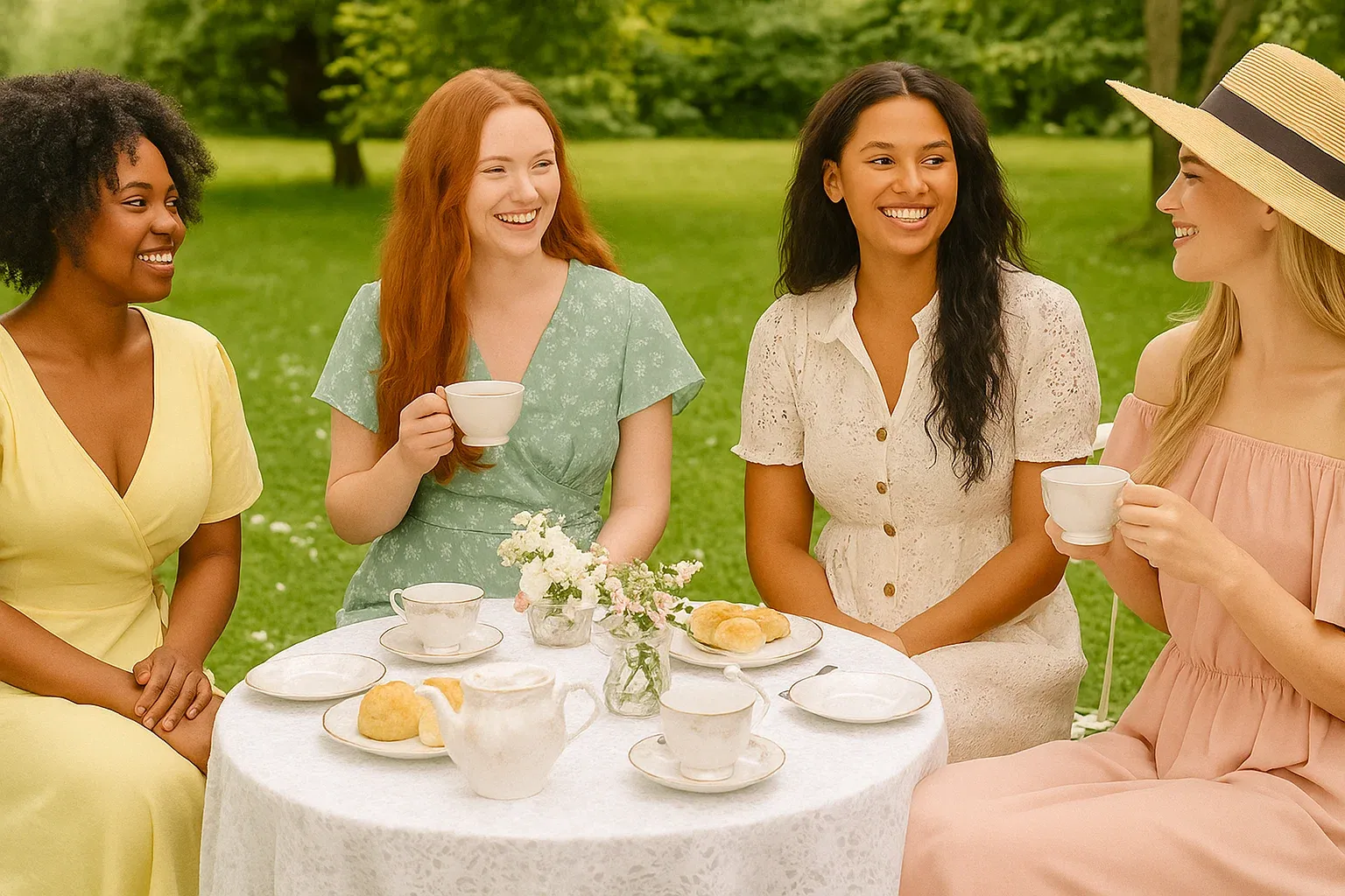 Women enjoying a garden tea party in pastel spring dresses, seated around a decorated outdoor table.