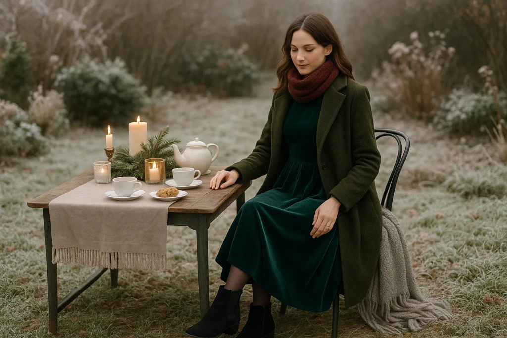Woman in a velvet winter dress with ankle boots at a cozy tea party setup.