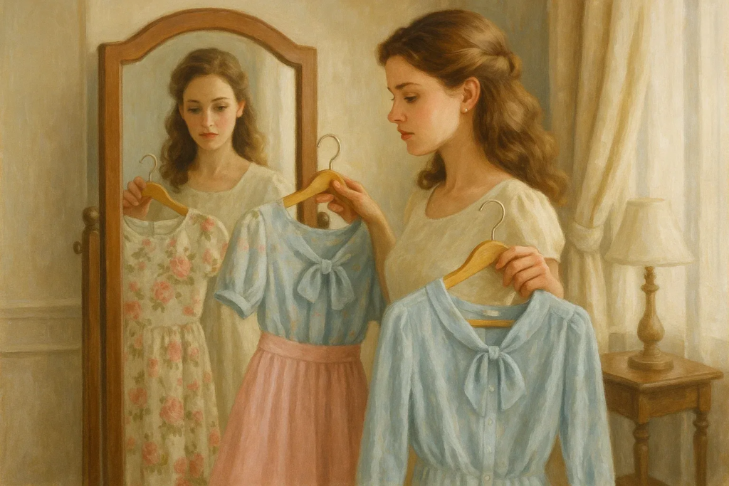 Woman selecting between dresses for a tea party, holding up floral and pastel outfits