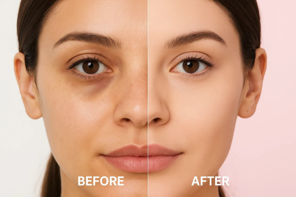 Before and after applying pink setting powder under the eyes for a brighter finish.
