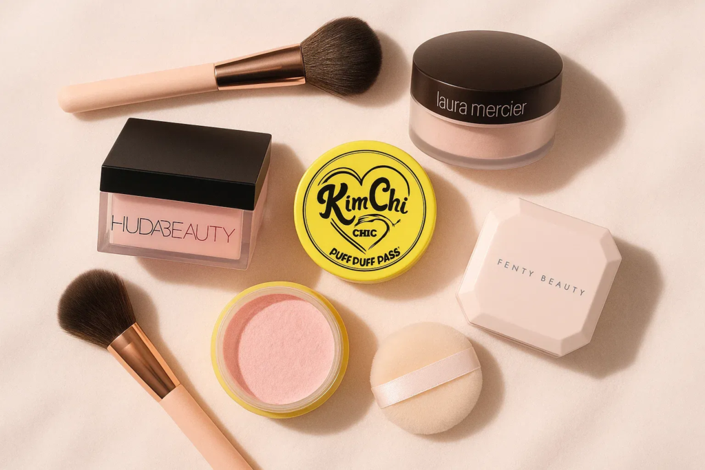 Flat lay of four best pink setting powders with makeup tools on a pink background.