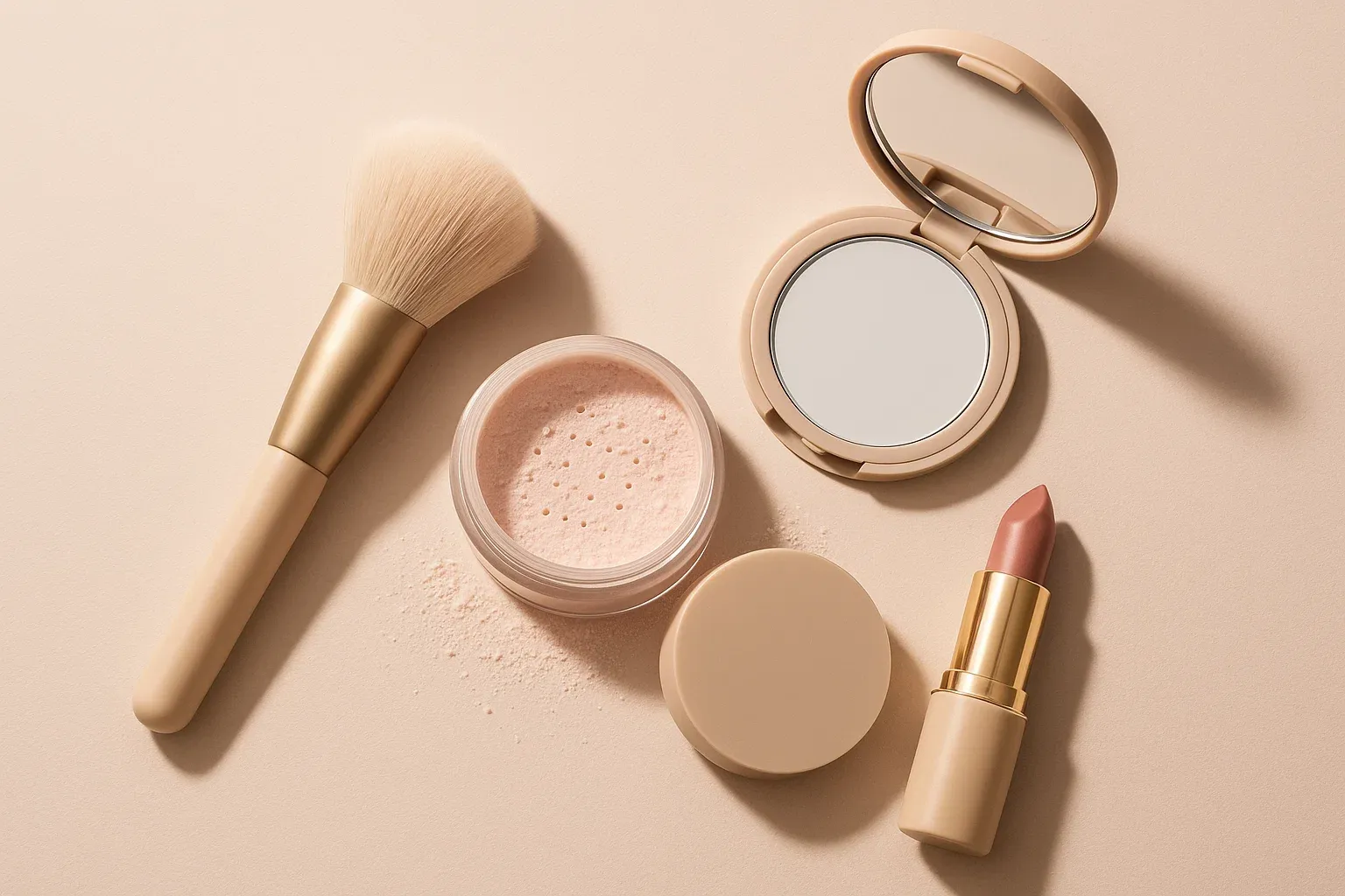 "Open jar of blurring setting powder with makeup brush and compact mirror on pastel background"