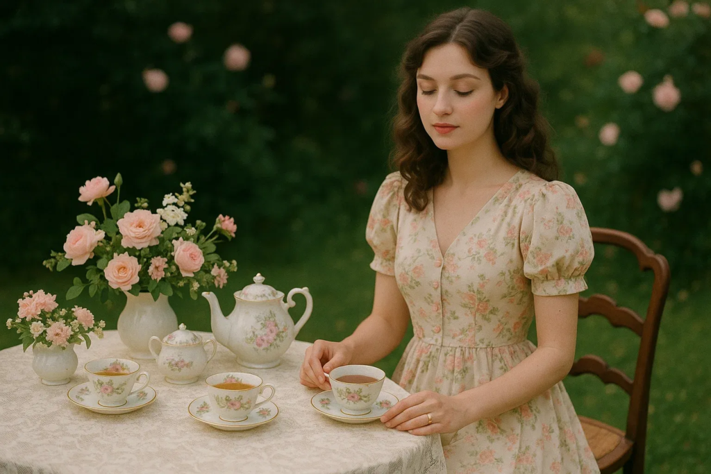 A woman wearing a pastel floral tea dress at a decorated garden tea table.