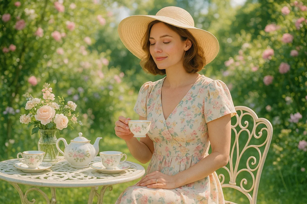 A woman in a light floral tea dress and wide-brim hat enjoying a sunny garden tea party with teacups and flowers.