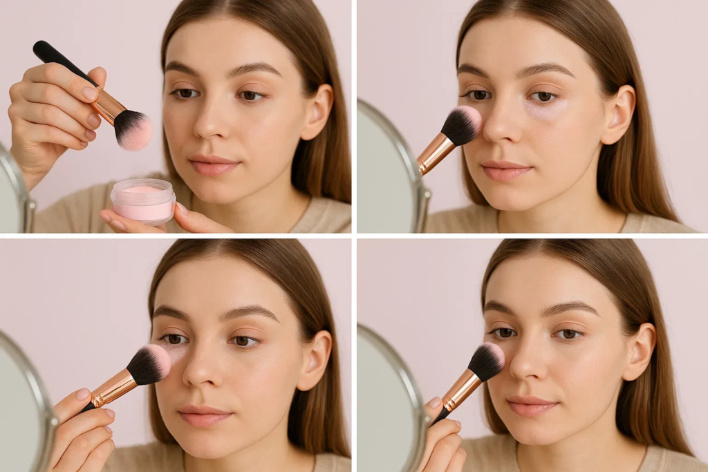A step-by-step guide showing how to apply pink setting powder under the eyes.