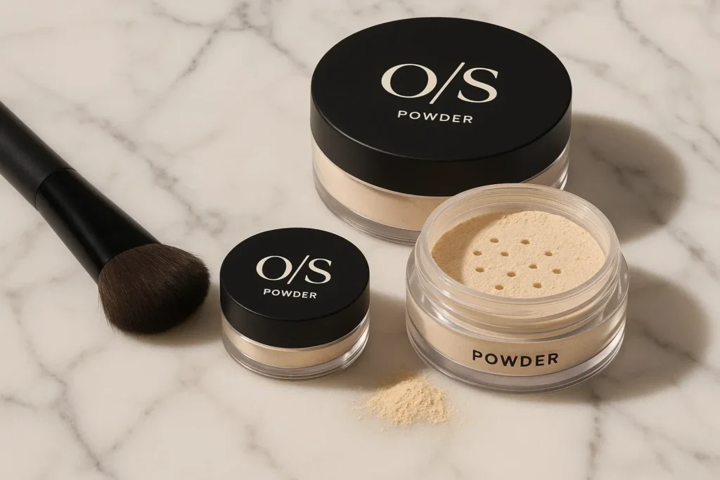 O/S Powder mini and full-size jars side by side on a vanity table