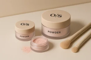 Mini and full-size O/S Powder jars side by side on marble vanity with makeup brush.