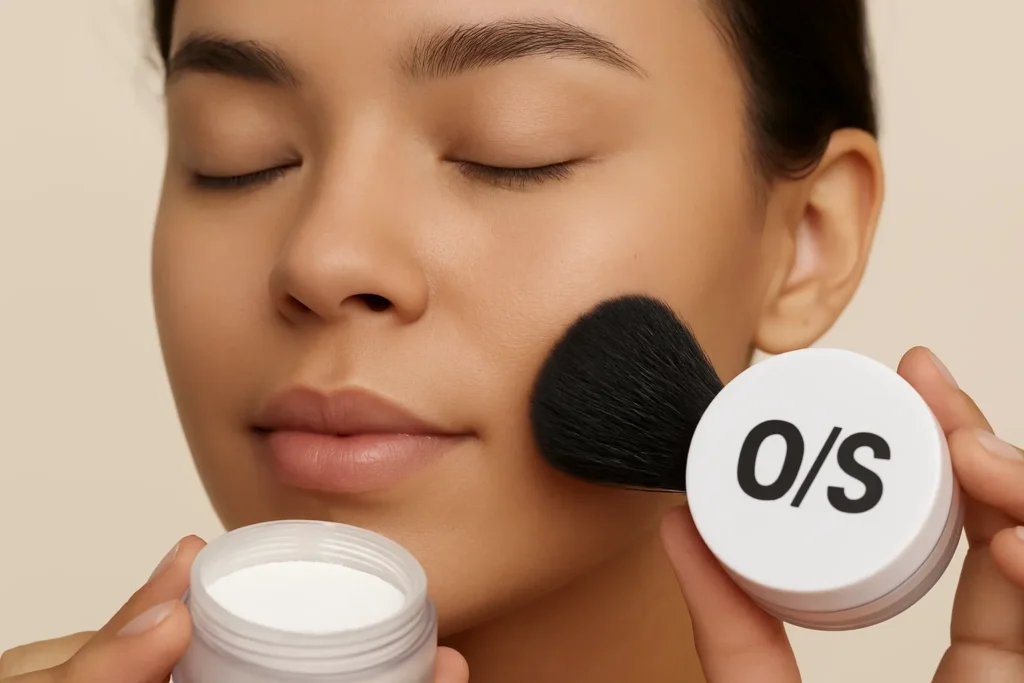 A woman with combination skin applying O/S Powder with a makeup brush