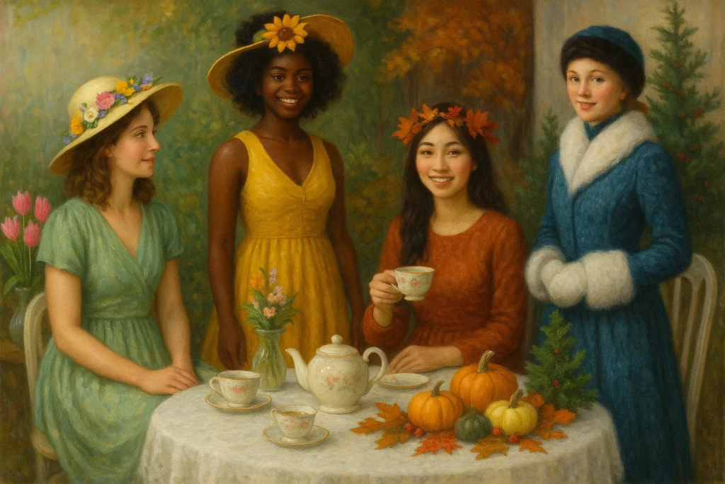 Women wearing spring floral, summer sleeveless, fall layered, and winter velvet tea party dresses around a decorated tea table.