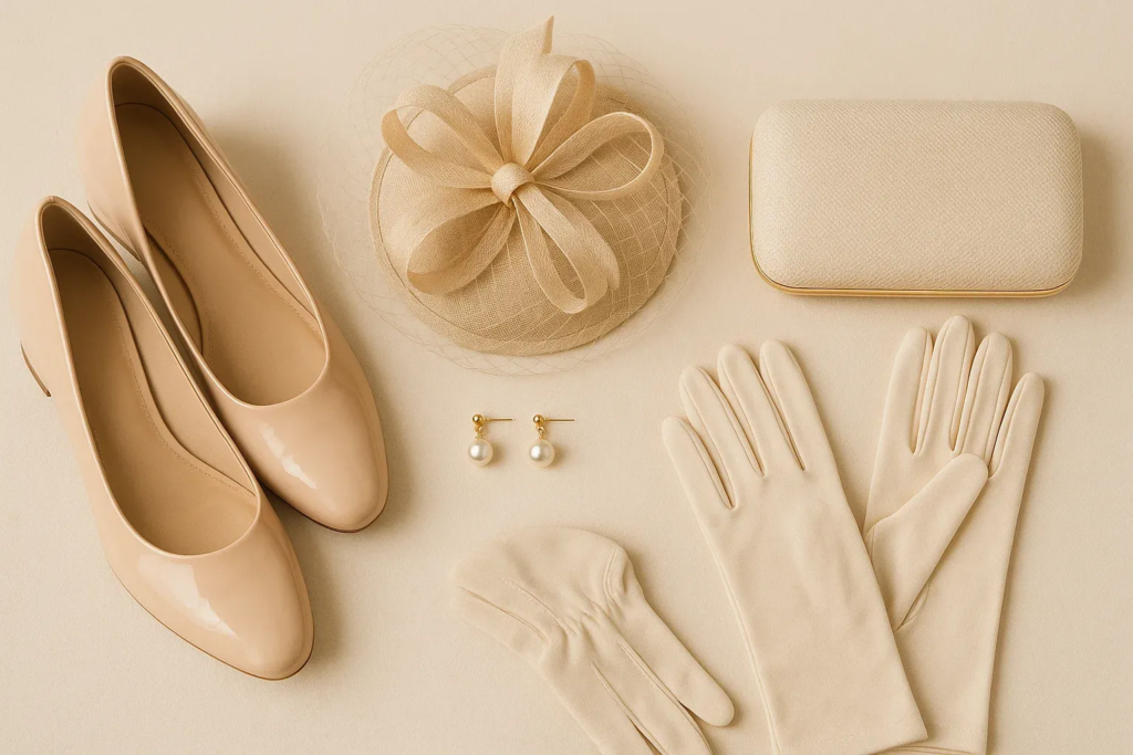 Flat-lay of tea party accessories like shoes, hat, gloves, and purse placed together on a table