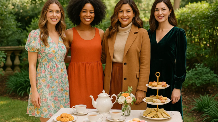 Alt Text: A group of women wearing spring, summer, fall, and winter tea party outfits at a garden tea table.