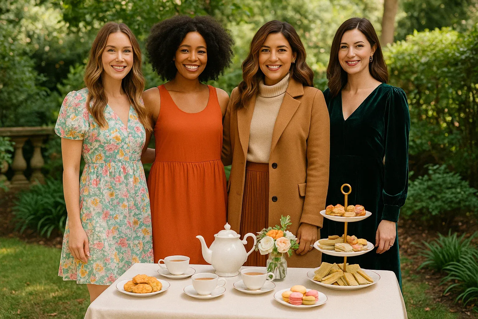 Alt Text: A group of women wearing spring, summer, fall, and winter tea party outfits at a garden tea table.