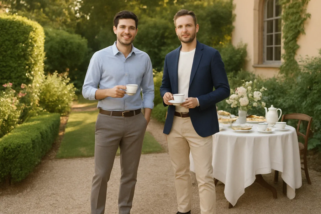 Two men in smart tea party outfits with shirts, blazers, and dress pants at an outdoor tea event