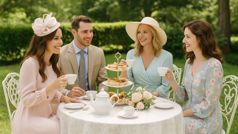 Group of adults wearing stylish tea party outfits at an outdoor garden tea setup