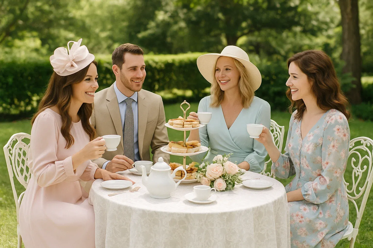 Group of adults wearing stylish tea party outfits at an outdoor garden tea setup