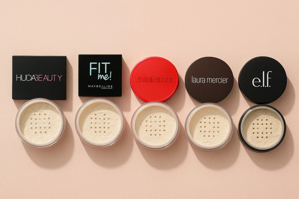 Top 5 blurring setting powders of 2025 arranged on soft pink background
