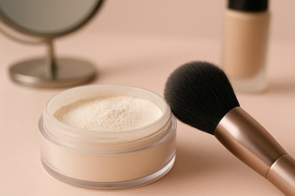 Blurring setting powder with brush on soft pink background
