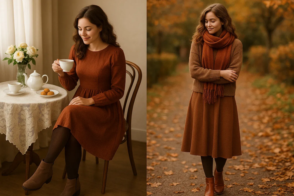 Two seasonal tea party looks one with a warm winter dress and boots, one with a cozy fall skirt and sweater