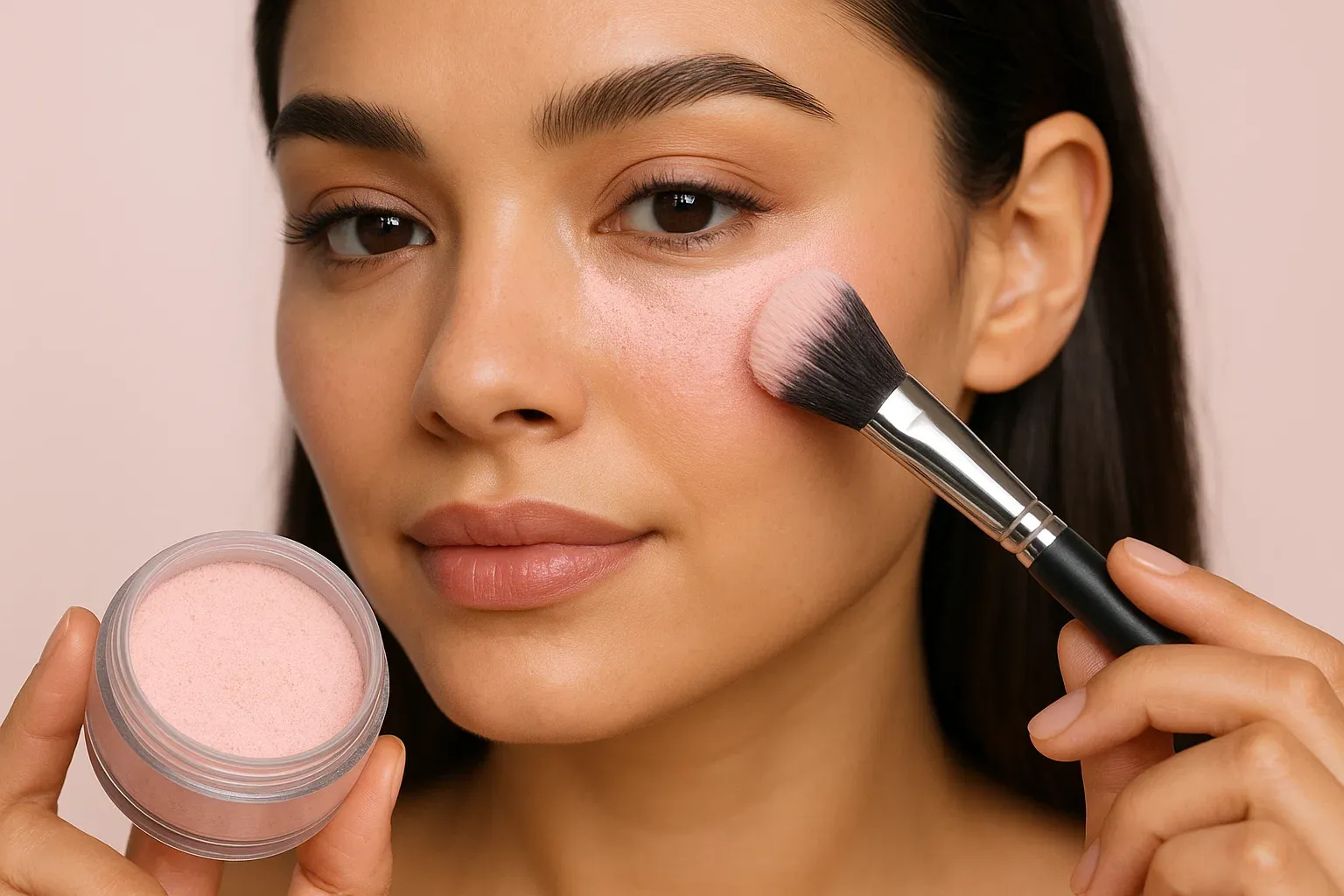 Woman applying pink setting powder under her eyes with a makeup brush.